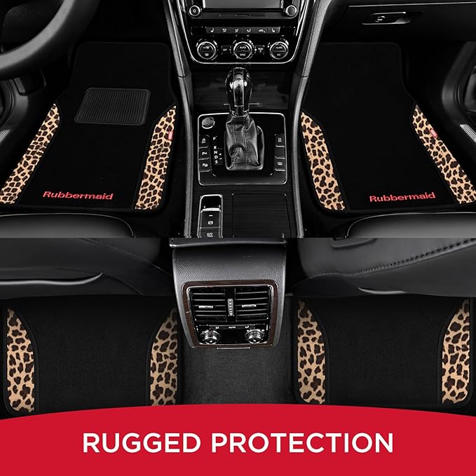 Rubbermaid Car Mats, Carpeted Floor Car Mat with Faux Leather & Built-in Heel Pad, Two-Tone Car Rug Floor Mats, Stylish Carpeted Floor Mats for Cars, Trucks & SUVs Leopard Patten Design