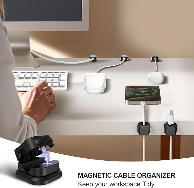6 Pack Magnetic Cable Clip Organizer Cord Holder, Picozon Adhesive Cable Management, Wire Phone USB Charger Cable Holder, Keeper Organizer for Office Home Desktop Table - Black