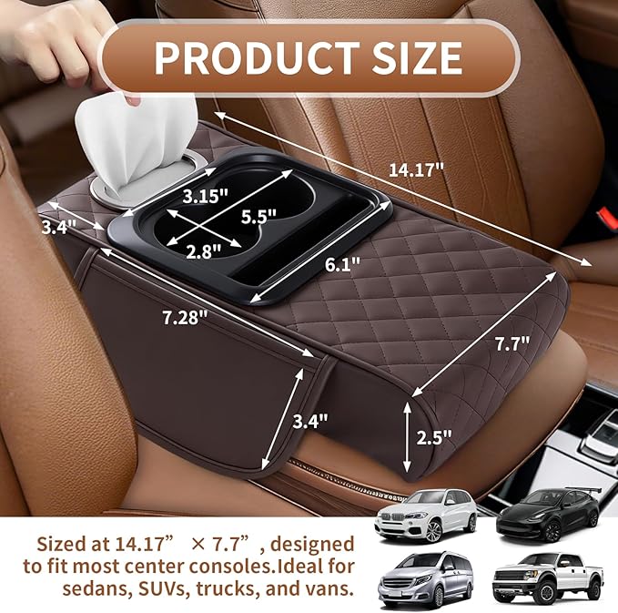 5-in-1 Car Armrest Cushion with Storage, Memory Foam Center Console Organizer W/Cup Holders, Tissue Holder & Phone Slot, Leather Car Armrest Cover Pad, Universal for Cars SUVs Trucks, Brown