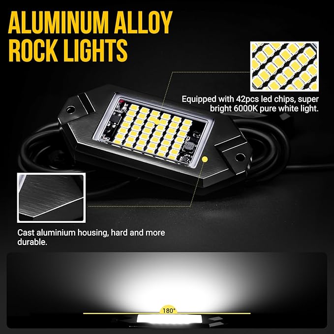 Hovano 8Pods Alloy White Rock Lights Kits with Extension Wires,6000K Pure White Color 42 LED Super Bright Chips IP68 Waterproof Underglow Kit for Pickup Off Road Trucks SUV ATV UTV Golf Car Boat