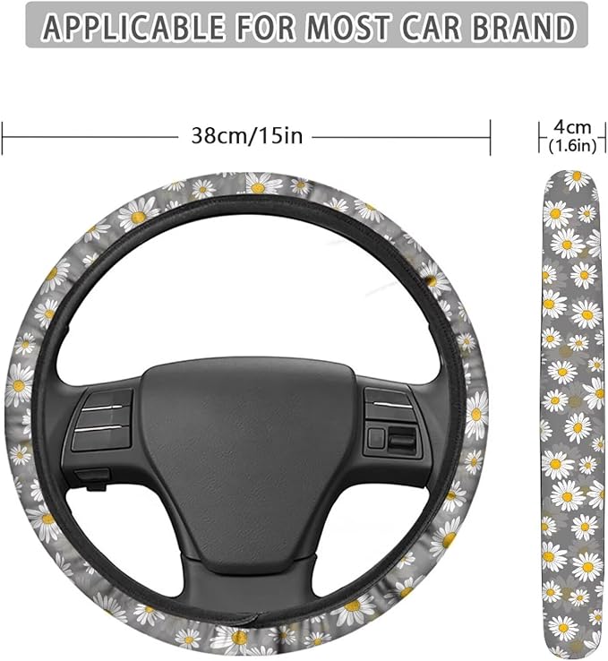SEANATIVE White Daisy Car Steering Wheel Cover Universal Car Accessory for Diverse Cars Neoprene Dust Cover for Steering Wheel
