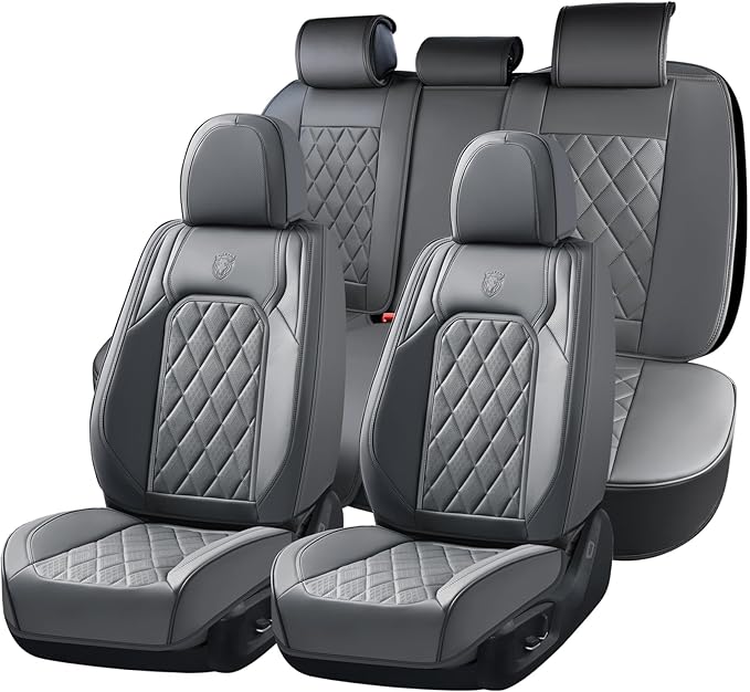 Coverado Leather Seat Covers, Car Seat Covers Full Set, Waterproof Faux Leather Seat Cover, Car Seat Protectors 5 Seats, Automotive Seat Covers Universal Fit for Most Cars SUV Trucks, Gray