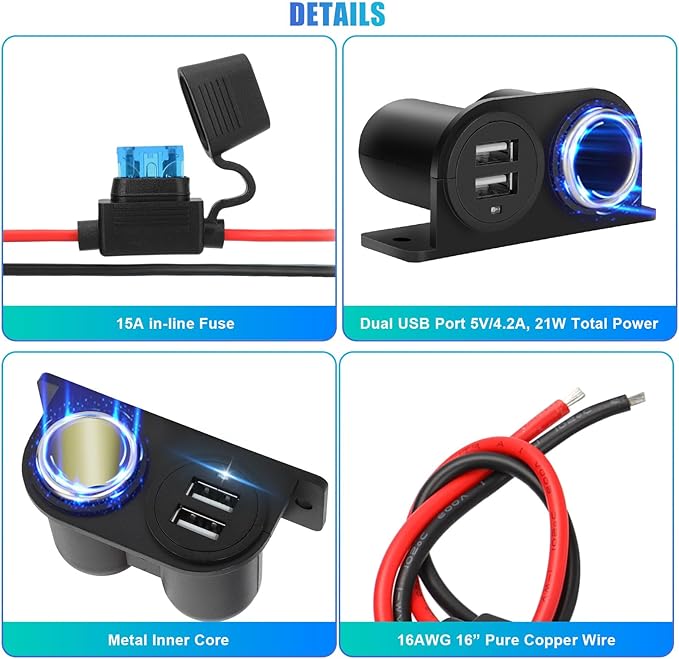 2PCS Dual USB Outlet Cigarette Lighter Socket Splitter with Blade Fuse, 12V 4.2A Car Charger Power Adapter Replacement Waterproof Plug Female 21W for RV Marine Boat Motorcycle Truck ATV UTV Van etc