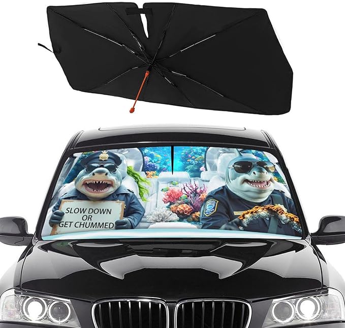 Socira Funny Sharks Car Windshield Sunshade Umbrella Foldable Umbrella Sun Shade Windshield Cover Sunshade Car Accessories Blocks Uv Rays Keeps Cool (57" X 30")