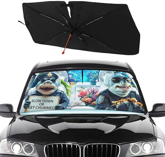 Socira Funny Sharks Car Windshield Sunshade Umbrella Foldable Umbrella Sun Shade Windshield Cover Sunshade Car Accessories Blocks Uv Rays Keeps Cool (57" X 30")