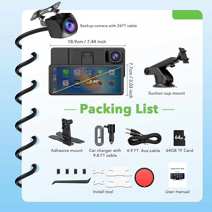 6.86" Wireless CarPlay Screen for Apple Carplay and Android Auto, Dual Dash Cam 2.5K Front 1080P Rear Recording, Voice Control, GPS Navigation, Mirror Link, Bluetooth, FM, AUX, Fits Most Cars