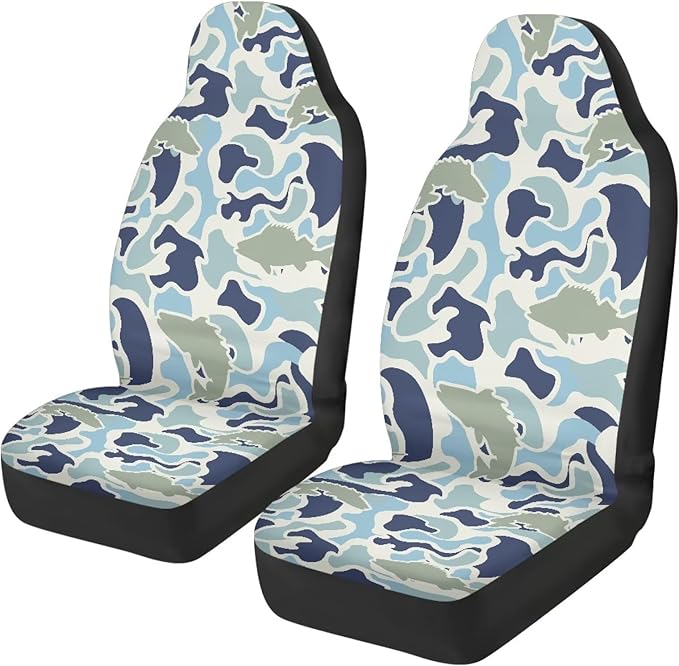 ELEQIN Fish Camo Car Front Seat Covers, 2 Pack Polyester Automotive Seat ProtectorsSoft & Breathable, Automotive Interior Accessories for Most Cars