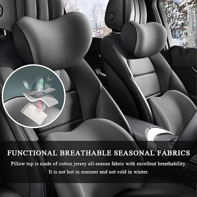 Car Headrest & Lumbar Support Cushion, Ergonomic Memory Foam Car Neck Back Support w/Removable Cover, Universal Breathable Lumbar Cushion Headrest Pillow with Adjusatble Strap (Gray)