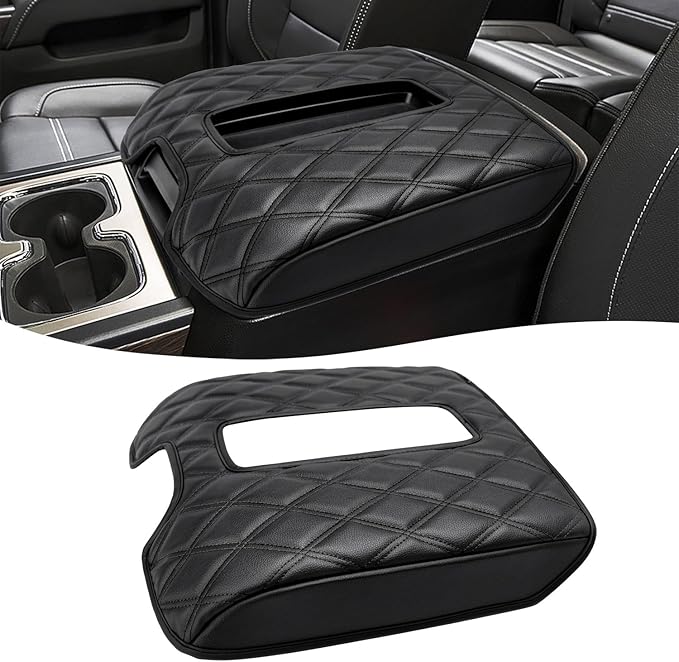 KBH Center Console Armrest Cover for Chevy Silverado & GMC Sierra 1500 2500 3500 2014-2018, Tahoe Suburban Yukon 2015-2020, Bucket Seat Console, Vinyl Leather, Black-Double Stitch