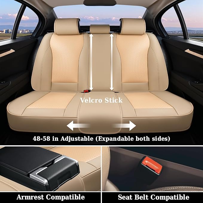 Coverado Car Seat Covers Full Set, Beige Seat Covers for Cars, Waterproof Nappa Leather Automotive Seat Covers with Lumbar Head Pillow, Car Seat Protectors, Universal Fit for Most Cars SUV