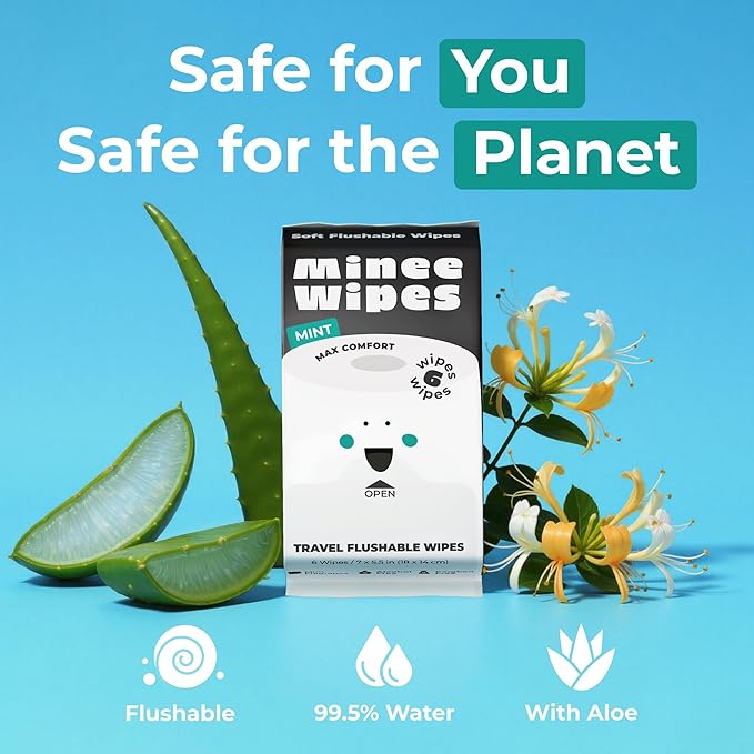 Impossibly Compact Travel Flushable Wipes - 99.5% Water and Aloe - Safe for Sensitive Skin - Travel Essentials for Adults, Kids & Babycare, Mint, 8 Pack 48 Wipes