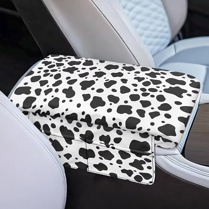 Tupalatus Black Cow Print Center Console Cover with Storage Pockets Car Center Console Replacement Easy Installation Armrest Pad for Cars Water-Resistant Fit for Most Cars, SUVs