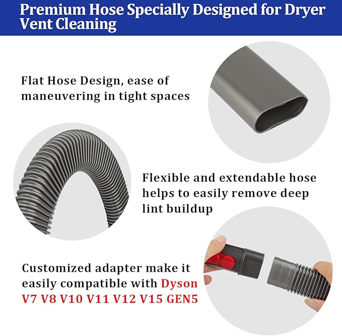 Dryer Vent Lint Vacuum Atttachments Kit and Crevice Tool for Dyson Gen 5 V15 V12 V11 V10 V8 V7 Detect Outsize Slim Absolute Cyclone Vacuum Cleaner Nozzle Flexible Dryer Lint Remove Hose Cleaner Kit