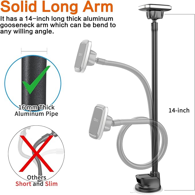 1Zero Magnetic Phone Car Mount 14-Inch Gooseneck Long Arm Extension, Universal Windshield Dashboard Industrial-Strength Suction Cup Car Phone Holder for All Cell Phones (Magnetic Phone Mount)