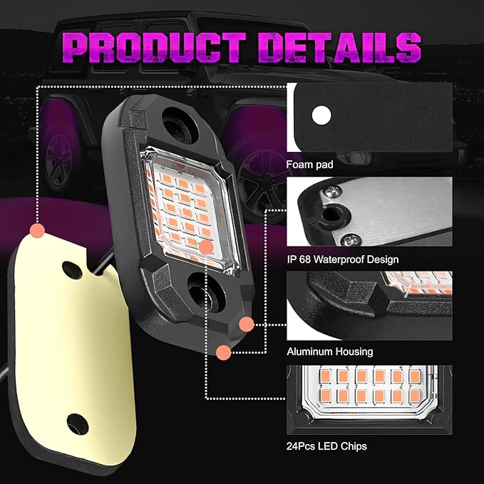 4 Pods Purple Rock Lights 24 LEDs Chips Waterproof Neon Trail Rig Lamp Underglow Light for Car Truck Motorcycle SUV ATV UTV