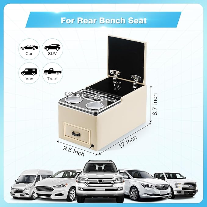 Center Console, Universal Bench Seat Center Console with Fast Phone Charging， Back Seat Car Organizer, Automotive Center Console with Cup Holder & Phone Holder (Beige)