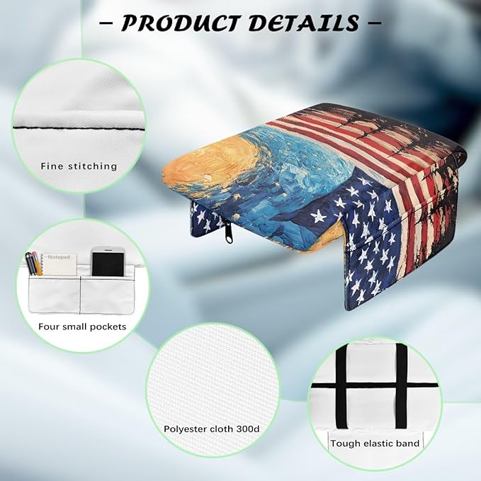 Car Console Covers, Memory Foam Center Console Cushion with Storage Bags, American Flag Sky Middle Console Protector Car Accessories Interior for Women Men