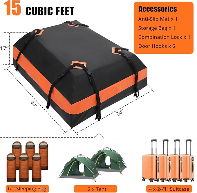 Car Rooftop Cargo Carrier Bag 15 Cubic Feet, Waterproof Roof Rack Cargo Bag for All Cars with/Without Rack, Waterproof Zip, 8 Reinforced Straps, 4 Door Hooks, Luggage Lock, Storage Bag