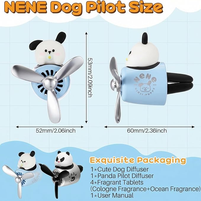 Tallew 2 Pack Car Air Freshener Cute Dog & Panda Car Vent Clip Diffuser with Rotating Propeller Outlet Vent Easy to Install Included 4 Scents Aroma Tablets Aromatherapy Ornament Auto Accessories