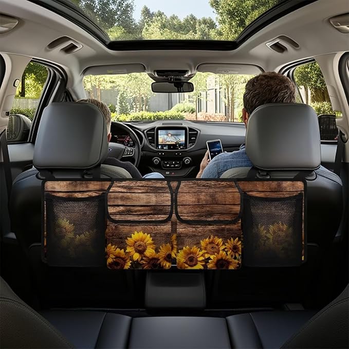 Yellow Sunflower Wood Backseat Trunk Organizer for Car Hanging Trunk Storage Bag Multipurpose Car Back Seat Organizer with Lid