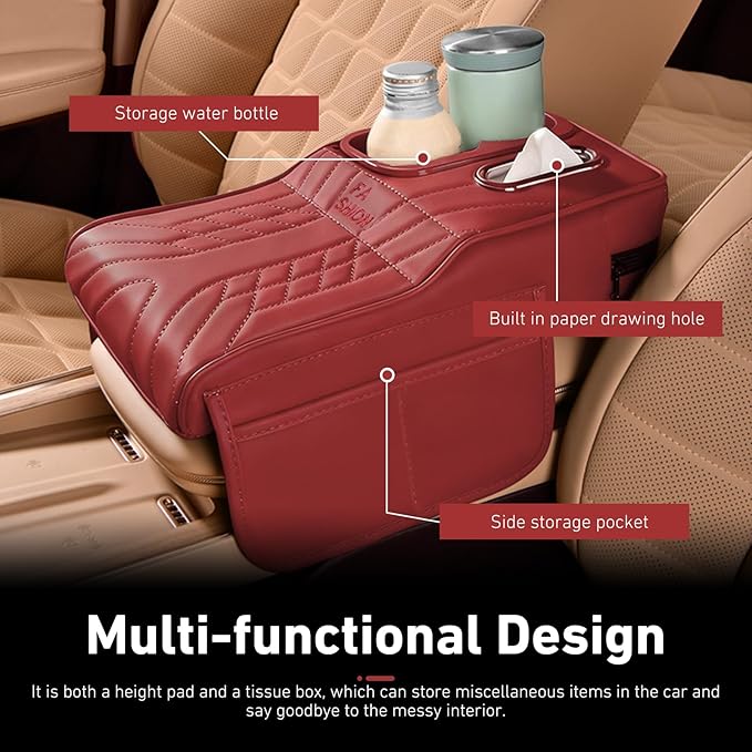 Car Center Console Booster Cover, Multifunctional Car Interior Arm Rest Box Storage Cushion with Cup Holder, Tissue Box, Side Pockets, Leather Memory Foam Armrest Pillow Protection (Red)