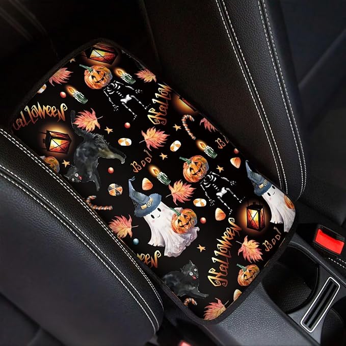 Car Armrest Cushion Pads Halloween Spooky Pumpkins Arm Rest Protector Auto Middle Console Covers Non Slip Universal Fit for Truck Auto SUV Car Accessories