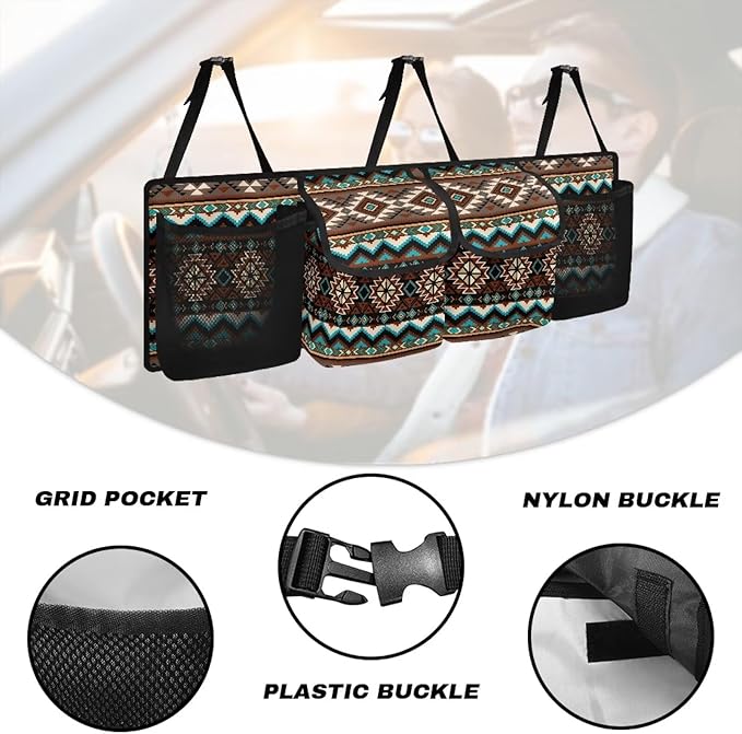 Tribal Aztec Print Car Trunk Organizer and Storage, Backseat Hanging Organizer for SUV, Truck, Waterproof Cargo Storage Bag with 4 Pockets, Car Interior Accessories