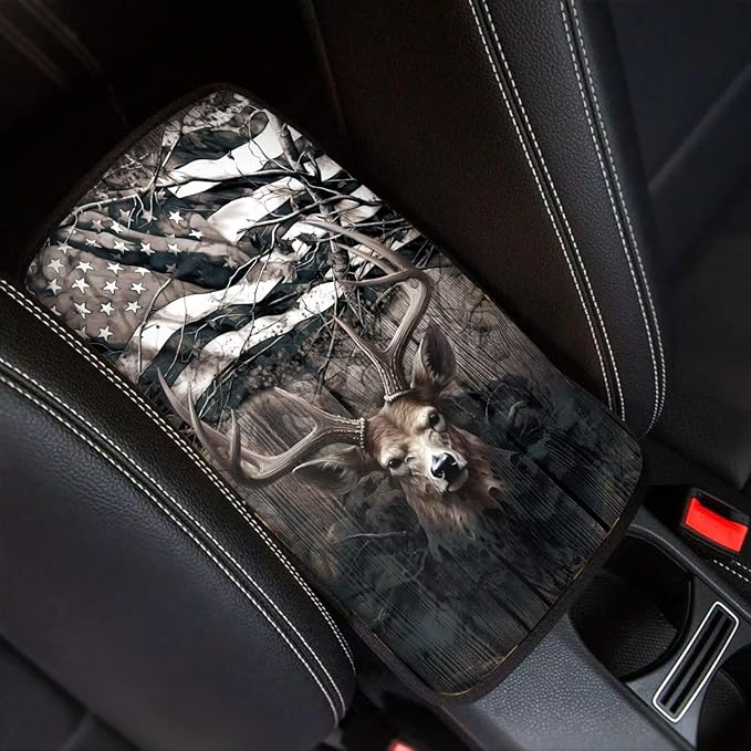 Retro Deer Camo US Flag Print Center Console Armrest Cover for Car,Hunting Deer Auto Interior Accessories for Men