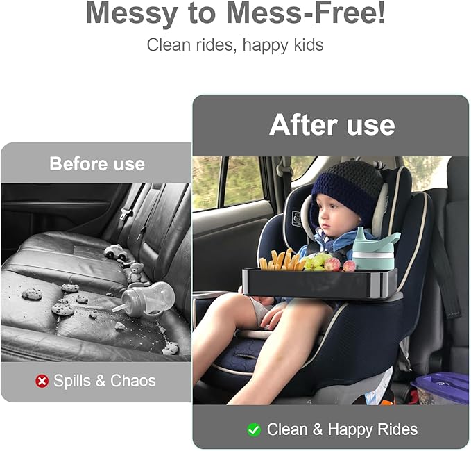 [2 Pack] Car Seat Snack Tray for Toddlers - 3 Inch Cup Holder Fits Most Sippy Cups & Straw Bottles with Dip Well, Mess-Free Square Kids Travel Tray Road Trip Essentials, Black, 2