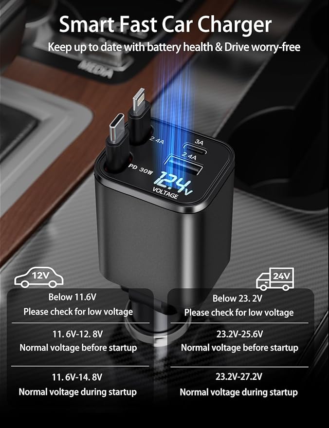 Retractable Car Charger, 4 in 1 Fast Car Charging USB c,Road Trip Essentials,Travel Essentials Gifts for Women Men, Car Accessories for iPhone 16 15 14 13 12, Samsung, Black
