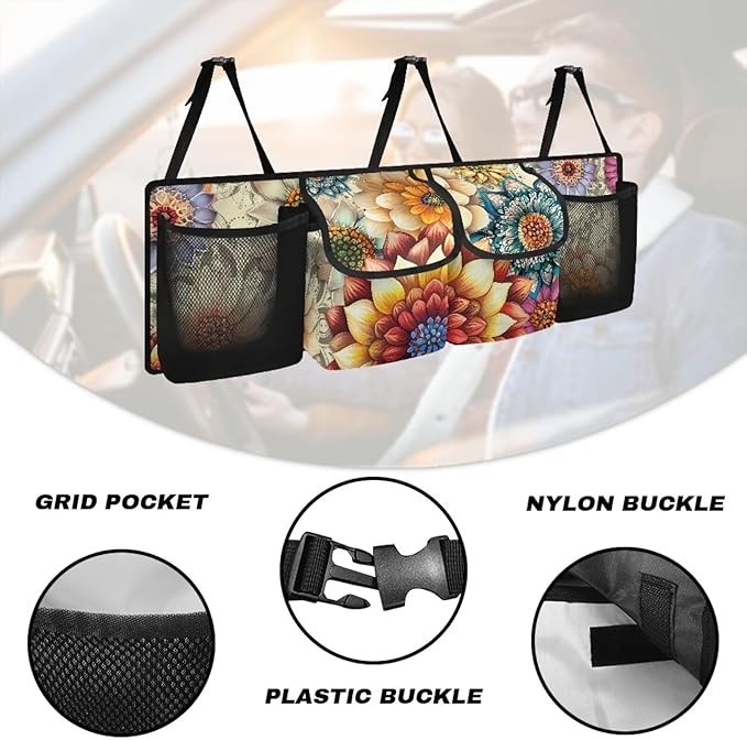 Mexican Dahlias Backseat Trunk Organizer for Car Mandala Flowers Trunk Storage Bag with Extra Storage Space for SUVs,Trucks,Vans