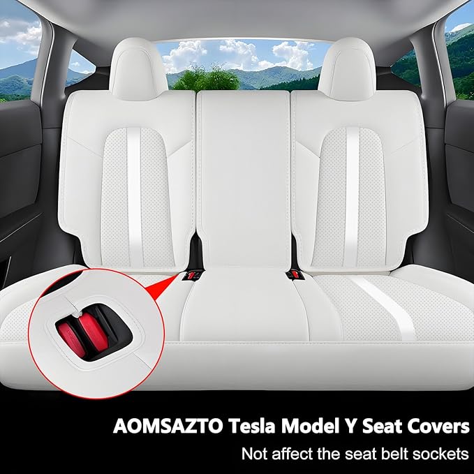 AOMSAZTO Car Seat Cover Fit for Tesla Model Y 2020 2024 - Half Surrounded Customized White Seat Covers(White with Stripe)