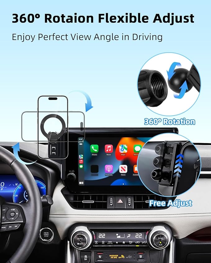 PZK Car Phone Holder for Toyota RAV4 2019 2020-2023 2024 2025 Hybrid LE/XLE/Premium Accessories 7/8-Inch Screen 360° Rotation Phone Mount Compatible with Magsafe Not Affect Vent (Not fit 9/10.5 inch)