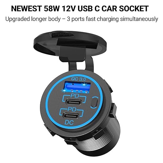 12V USB Outlet Socket Panel: (4 in 1) 58W Dual PD3.0 USB C 12V USB Charger 150W Marine Cigarette Lighter Socket 12v Splitter with Voltmeter Digital Display and Waterproof Rocker Toggle Switch 15A Fuse