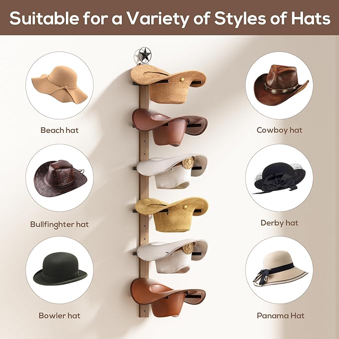 Cowboy Hat Rack for Wall – 3-Piece Western Hat Holder, Rustic Wooden & Metal Wall Mounted Cowboy Hat Organizer, Holds up to 6 Hats, Cowboy Room Decor & Storage Display Rack