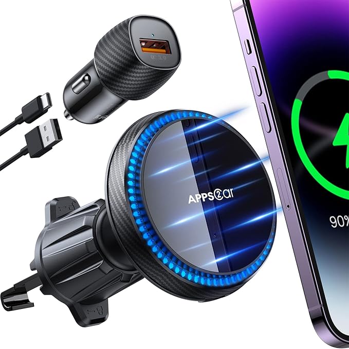 APPS2Car Wireless Car Charger with 15W Fast Charging for Magsafe Car Vent Mount - Only Compatible with iPhone 16/15/14/Magsafe Series Phones, Equipped with 3200RPM Cooling Fan System