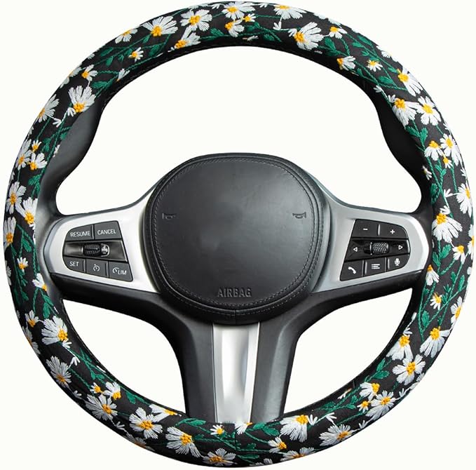 Embroidered Flowers Black Cute Daisy Steering Wheel Cover Auto Anti-Slip Breathable Rubber Steering Wheel Protector,Floral Car Accessories for Women,Universal Size Fit Most Cars -15 inch