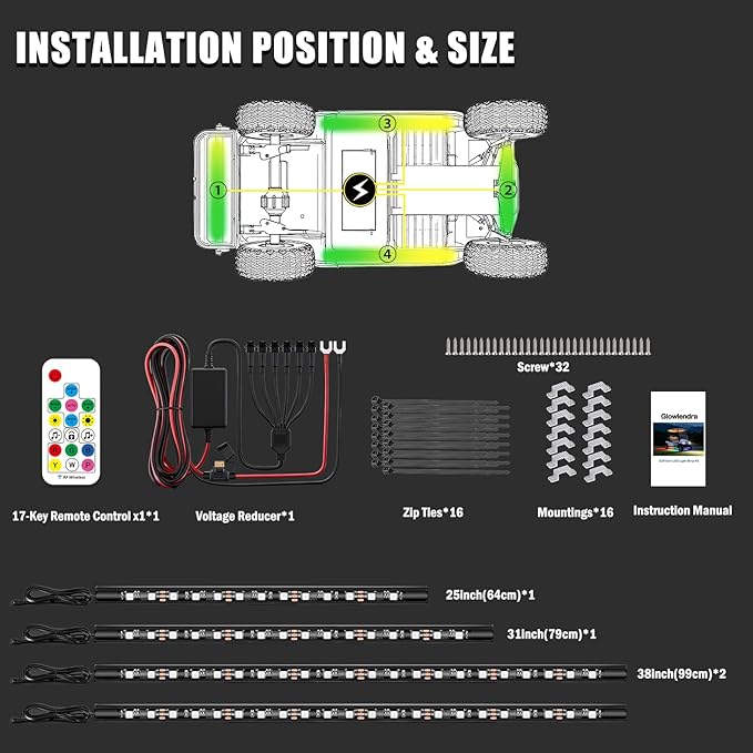 4PCS Golf Cart Underglow LED Light Kit with Built-in 12V-80V Voltage Reducer, APP & Remote Control, Sound Active Music Sync, IP67 Waterproof, Battery Drain Protect, for EZGO Yamaha Club Car