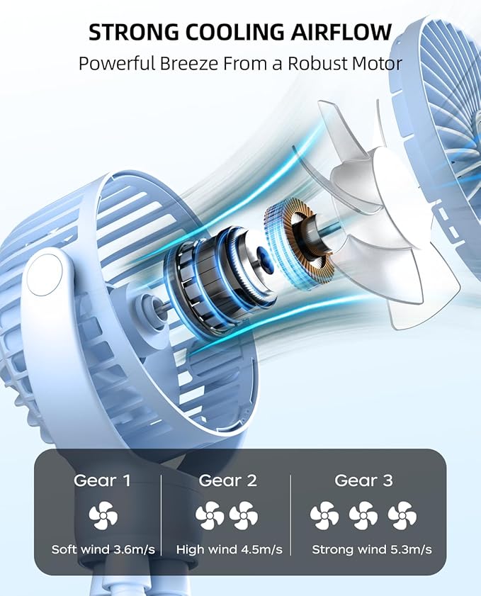 buywoo Portable Stroller Mini Fan, Small Rechargeable Personal Fan, Travel Essentials for Baby, Wagon, Car Seat, Treadmill, Battery Powered Biking Gear Accessories, 360° Rotation, 3-Speed, Display