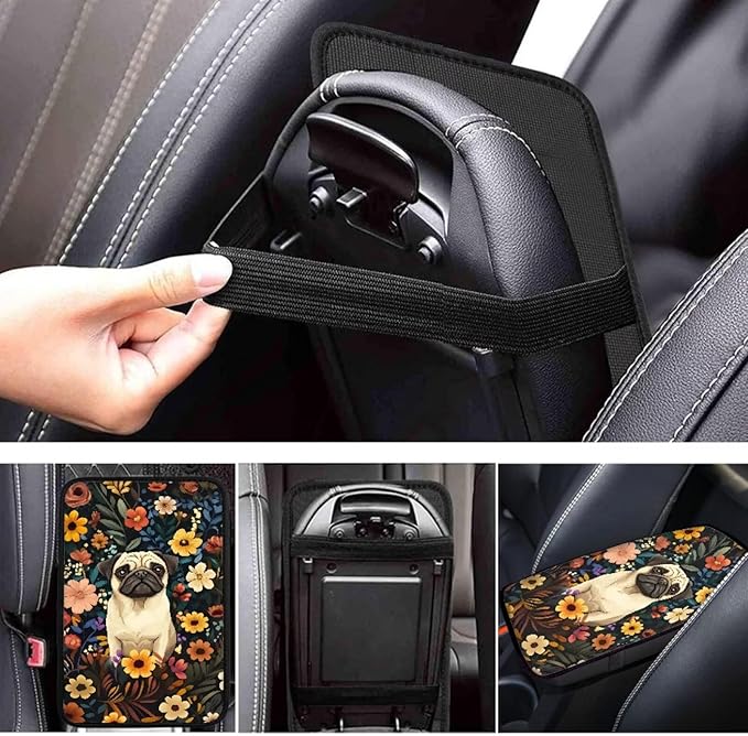 UNICEU Pug Floral Car Center Console Armrest Cover for Women Auto Interior Decor Neoprene Armrest Box Protector Cover Pad, Scratch Proof Non Slip Automotive Armrest Pads