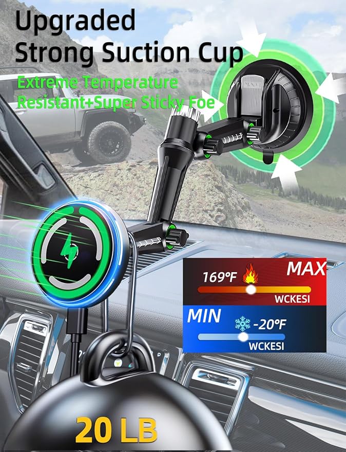 Phone Mount Holder for Truck MagSafe Car Charger, [10-inch long arm] 15W Qi2 Vacuum Magnetic Wireless Car Charging for Pick-Up Windshield Dashboard, Truck Accessories, for IPhone 17 16 15 14 13