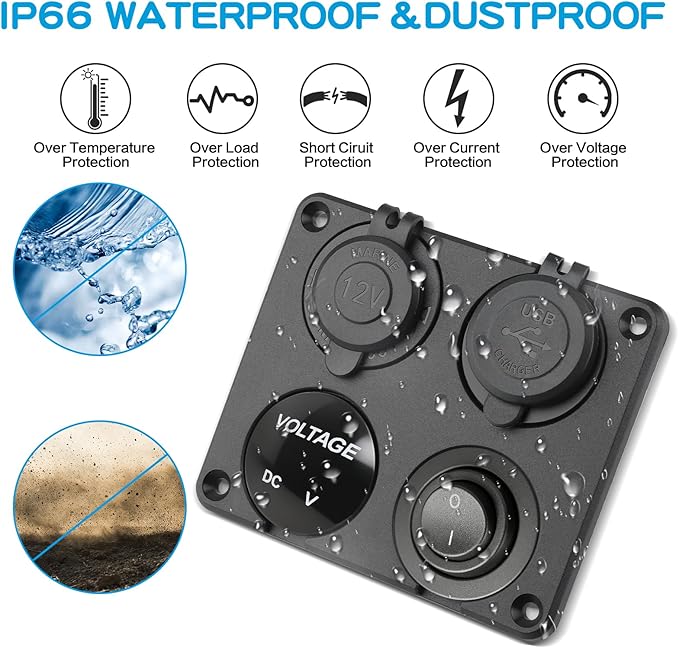 12V USB Charger Panel with PD 30W Ports& Dual QC3.0 18W: 4 in 1 Aluminum Waterproof RV USB Outlet, 150W Cigarette Lighter Socket, LED Voltmeter, Rocker Switch for Boat, Camper, Truck, Accessories