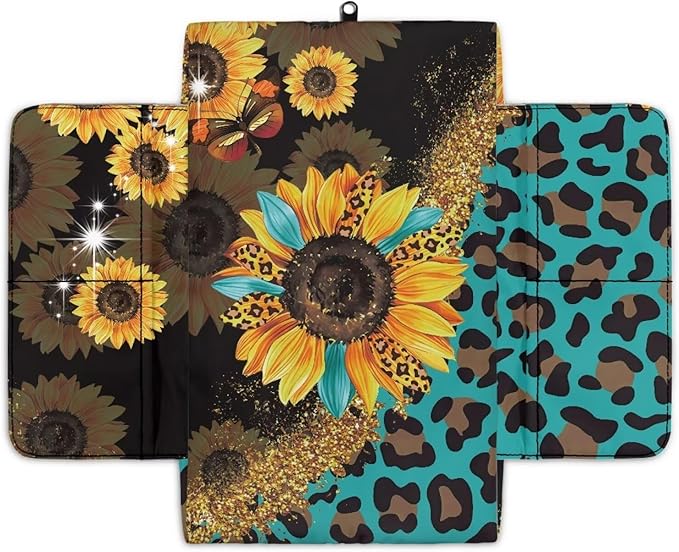 Wanyint Sunflower Leopard Print Blue Car Center Console Cover Comfortable Armrest Seat Box Pad with Organizer Pockets Anti-Scratch Arm Rest Pad Suitable for Most Cars, Vehicles, SUVs