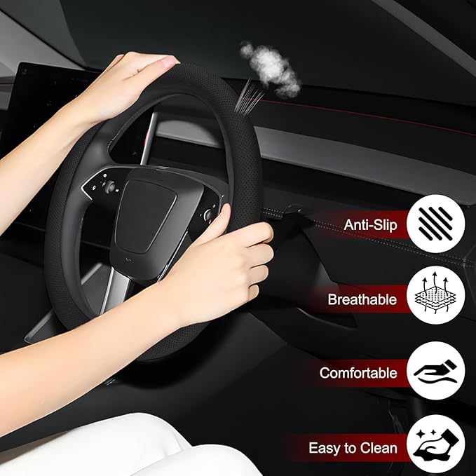 Microfiber Leather Universal 14.5-15 inch Steering Wheel Cover,Easy to Install Non-Slip Breathable Steering Wheel Protector Black