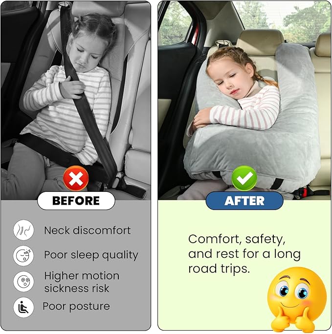 Travel Pillow, Car Pillow for Kids & Adults, Kid Travel Sleeping Pillows for Neck & Body Support, Car Travel Essentials Pillow on Road Trips, Gray