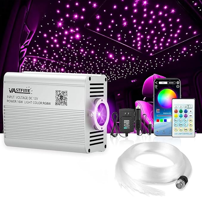 VASTFIRE Starlight Headliner Kit - 500pcs 0.03in 9.8ft Fiber Optic Star Lights for Car with 16W RGBW, Twinkle & Music Sync, APP/Remote Control for Car Roof/Bedroom Ceiling