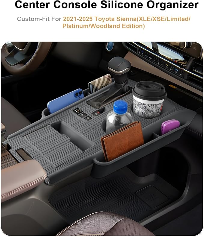 2026 Sienna Center Console Organizer - For 2021-2025 2026 Toyota Sienna Silicone Center Console Cover Organizer - For 2021-2026 Sienna(XLE/XSE/Limited/Platinum/Woodland Edition) Accessories(Grey)