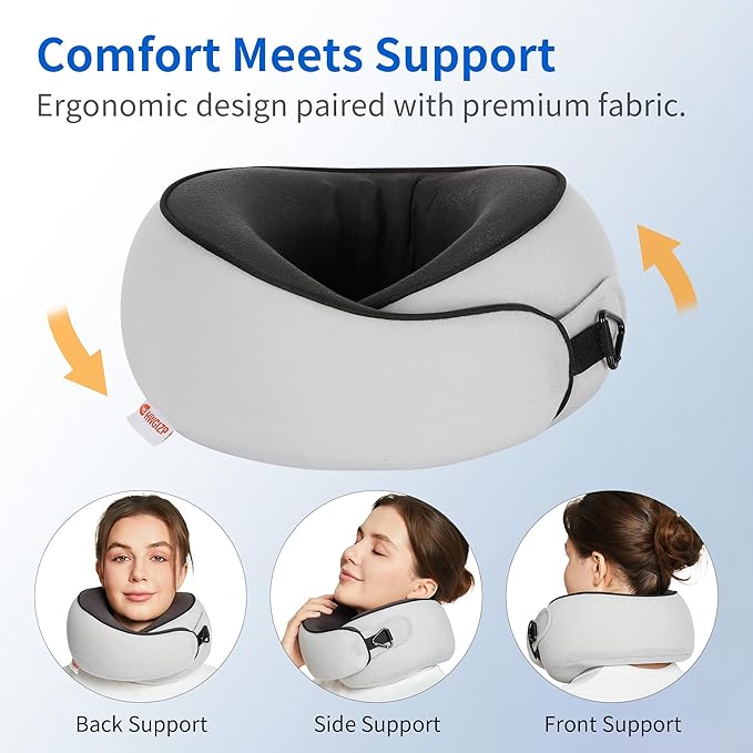 Travel Pillow, Memory Foam Neck Pillow for Airplane Sleeping, 360° Ergonomic Support Travel Pillow for Flights, Portable Set with 3D Eye Mask & Earplugs, Comfort for Plane Car Train
