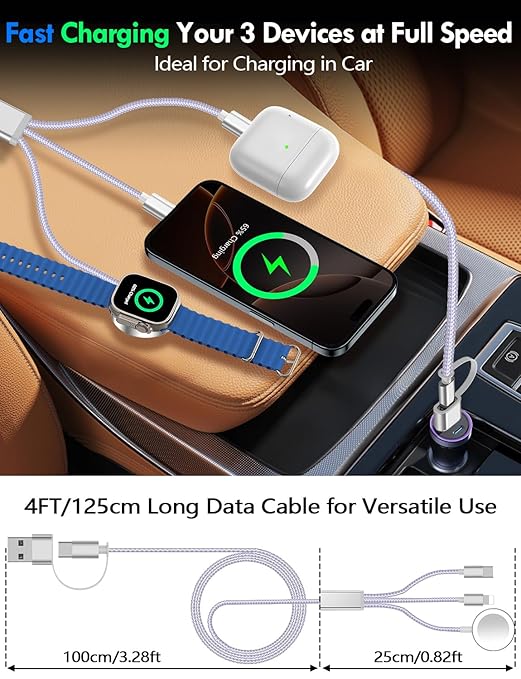 1Pack Multi Charging Cable Cord for Travel Essentials,Apple Watch Charger,iPhone Charger,[3-in-2] Type C/L Cable Portable Designed for iWatch,iPhone 17-8,Galaxy S25-21,AirPods,iPad-4FT Purple