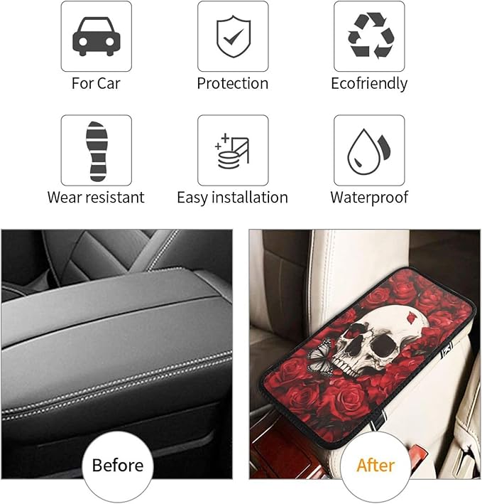 Universal Car Center Console Cushion Pad, Red Rose Skull Butterfly Soft Waterproof Car Center Console Cover Auto Armrest Seat Box Cover Protector for Most Vehicle SUV Truck Car